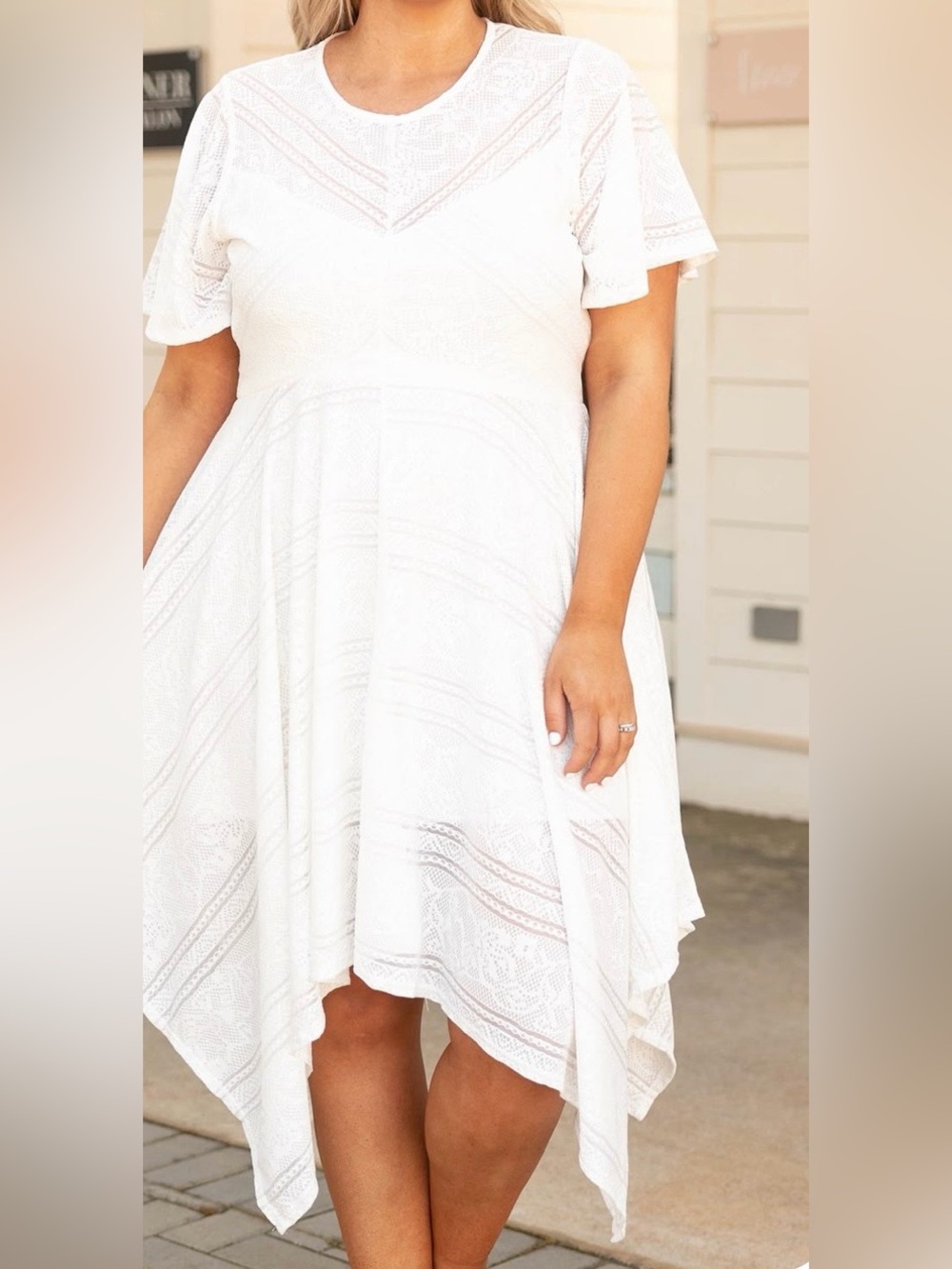 Sugar White Lace Asymmetrical Handkerchief Hem Dress